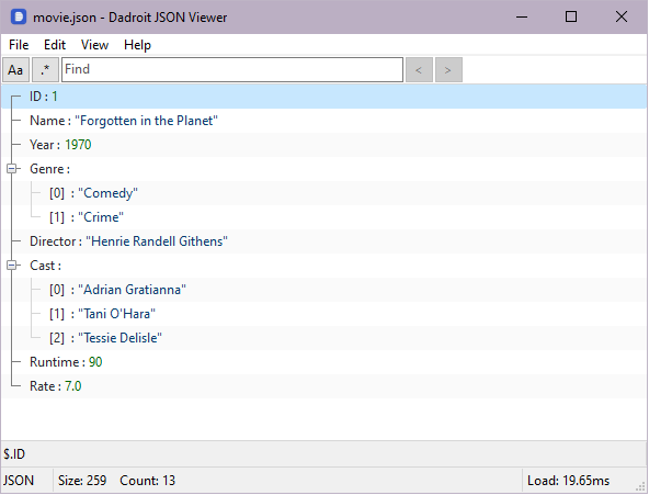 This is a sample JSON file opened in Dadroit JSON Viewer, to be used throughout the JSON SQLite tutorial post about a movie record, consisting of these fields: "ID", "Name", "Year", "Genre" and "Cast" as arrays, "Director", "Runtime", and "Rate”.